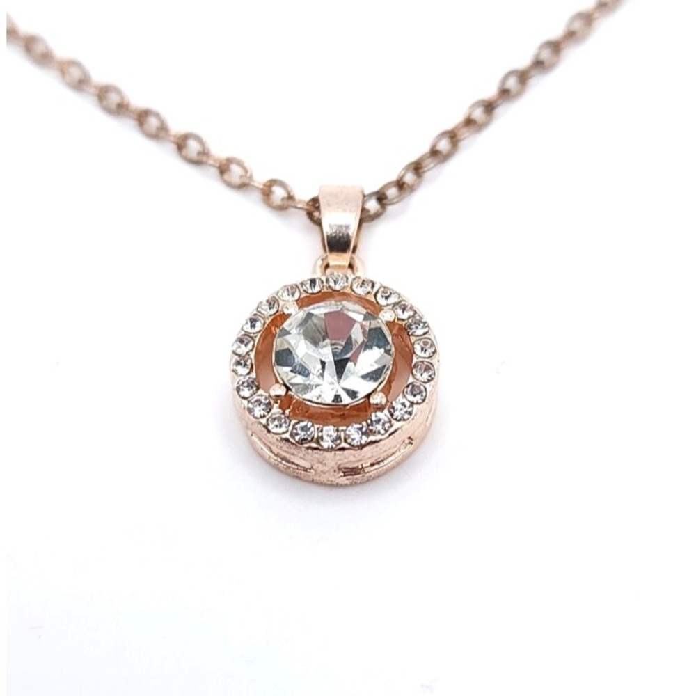 Gold Tone Halo Pendant Necklace – Micro Pave CZ Round Stone Adjustable 20"